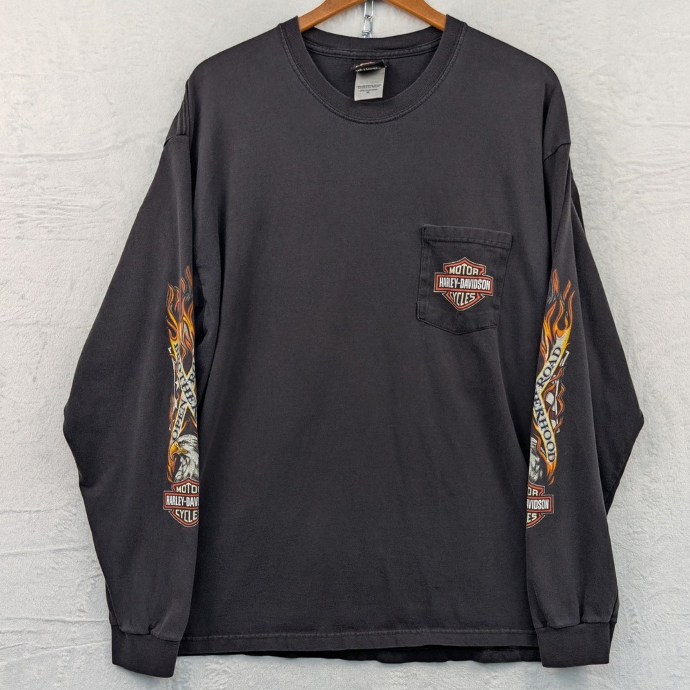 VTG Harley-Davidson T-Shirt Men's XL Faded Black Long Sleeve Eagle Flame USA Y2K
